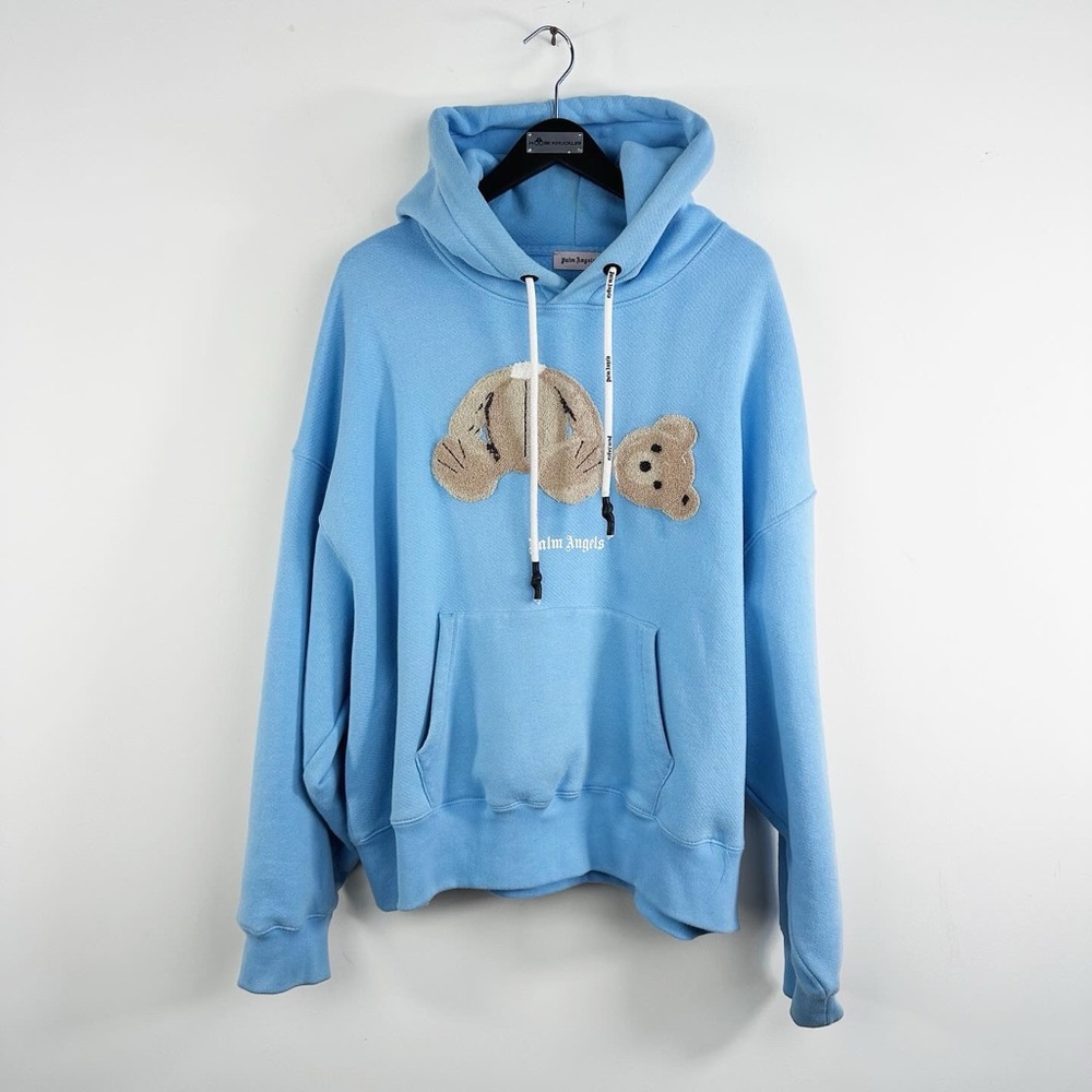 Palm Angels Blue Hoodie with Bear Design